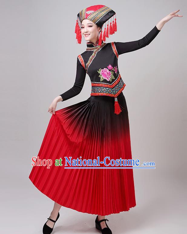 China Guangxi Ethnic Performance Outfits Minority Dress Zhuang Nationality Folk Dance Clothing