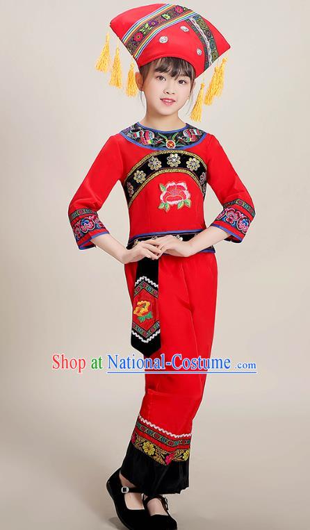 Chinese Guangxi Ethnic Folk Dance Red Blouse and Pants Outfits Zhuang Nationality Children Performance Costumes