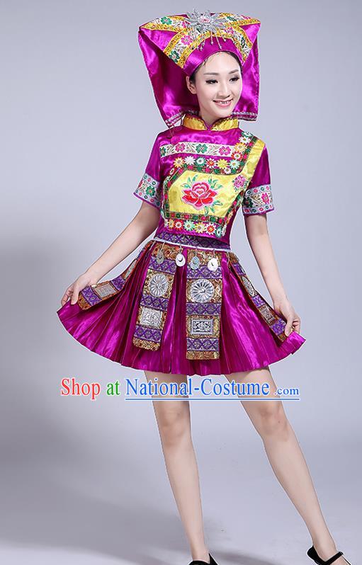 China Zhuang Ethnic Performance Outfits Tujia Minority Purple Dress Guangxi Nationality Folk Dance Clothing