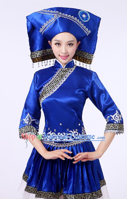 China Guangxi Nationality Folk Dance Clothing Zhuang Ethnic Performance Outfits Tujia Minority Royalblue Short Dress