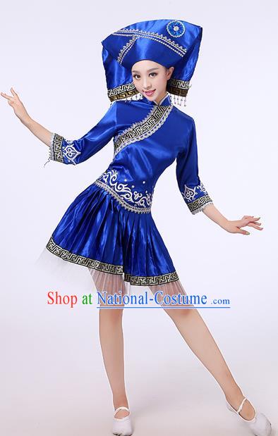 China Guangxi Nationality Folk Dance Clothing Zhuang Ethnic Performance Outfits Tujia Minority Royalblue Short Dress