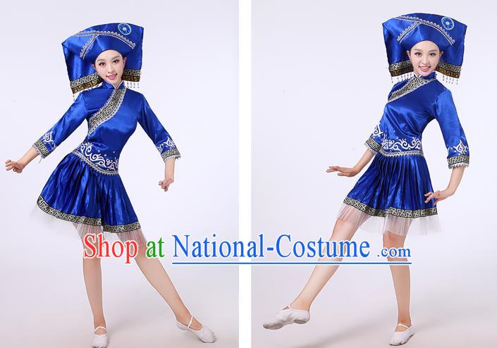 China Guangxi Nationality Folk Dance Clothing Zhuang Ethnic Performance Outfits Tujia Minority Royalblue Short Dress