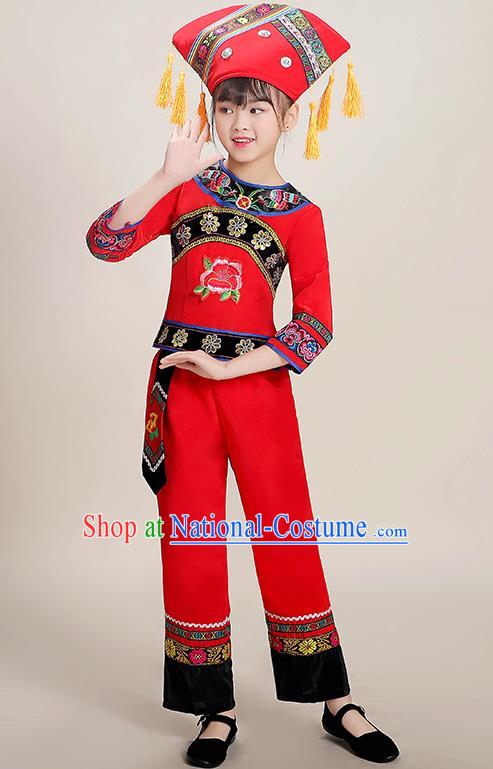 Chinese Guangxi Ethnic Folk Dance Red Blouse and Pants Outfits Zhuang Nationality Children Performance Costumes