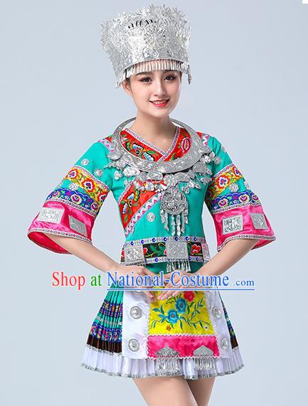 China Miao Nationality Folk Dance Clothing Hmong Ethnic Performance Outfits Yunnan Minority Green Short Dress