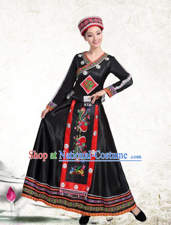 China Yao Minority Woman Black Dress Yi Nationality Folk Dance Clothing Yunnan Ethnic Performance Outfits