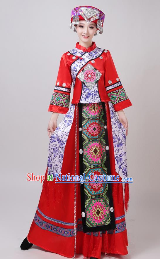 China Yunnan Ethnic Performance Outfits Yao Minority Woman Red Dress Tujia Nationality Folk Dance Clothing