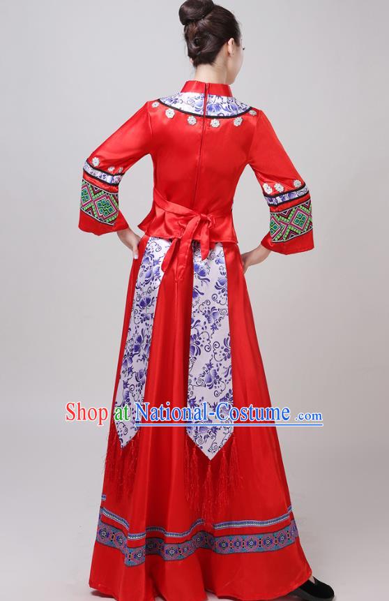 China Yunnan Ethnic Performance Outfits Yao Minority Woman Red Dress Tujia Nationality Folk Dance Clothing