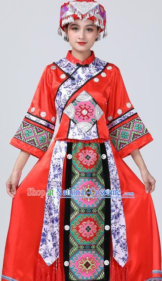 China Yunnan Ethnic Performance Outfits Yao Minority Woman Red Dress Tujia Nationality Folk Dance Clothing