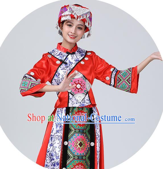 China Yunnan Ethnic Performance Outfits Yao Minority Woman Red Dress Tujia Nationality Folk Dance Clothing