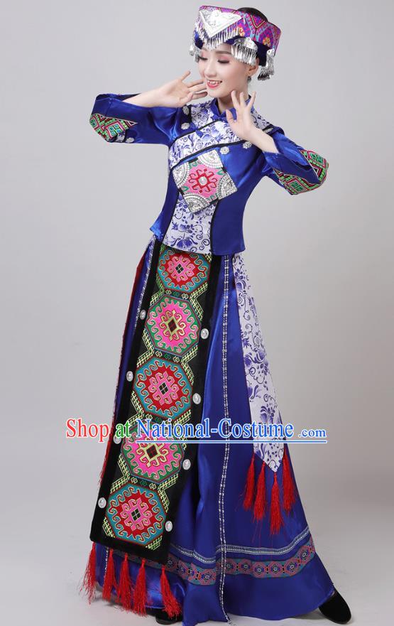 China Tujia Nationality Folk Dance Clothing Yunnan Ethnic Performance Outfits Yao Minority Woman Royalblue Dress