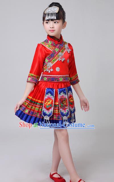 Chinese Yi Ethnic Folk Dance Red Short Dress Outfits Zhuang Nationality Girl Costumes