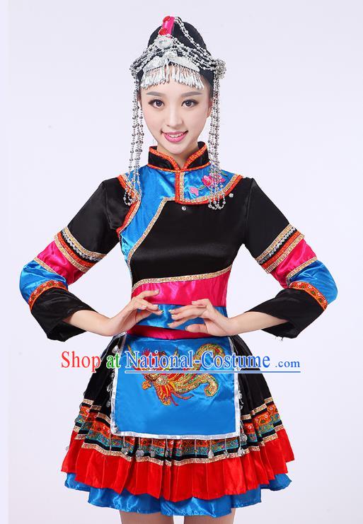 China She Nationality Folk Dance Clothing Yunnan Ethnic Performance Outfits Yao Minority Dress and Hair Accessories