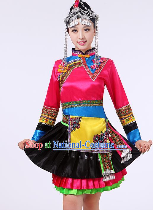 China Yao Minority Rosy Dress She Nationality Folk Dance Clothing Yunnan Ethnic Performance Outfits and Headpieces