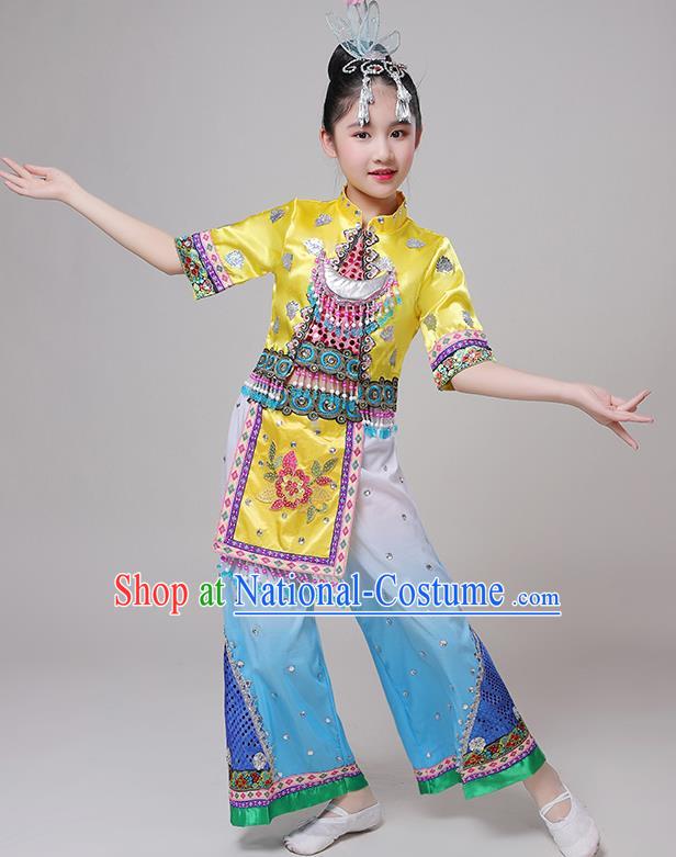 Chinese Minnan Ethnic Stage Performance Outfits Dong Nationality Festival Dance Costumes and Headwear for Kids