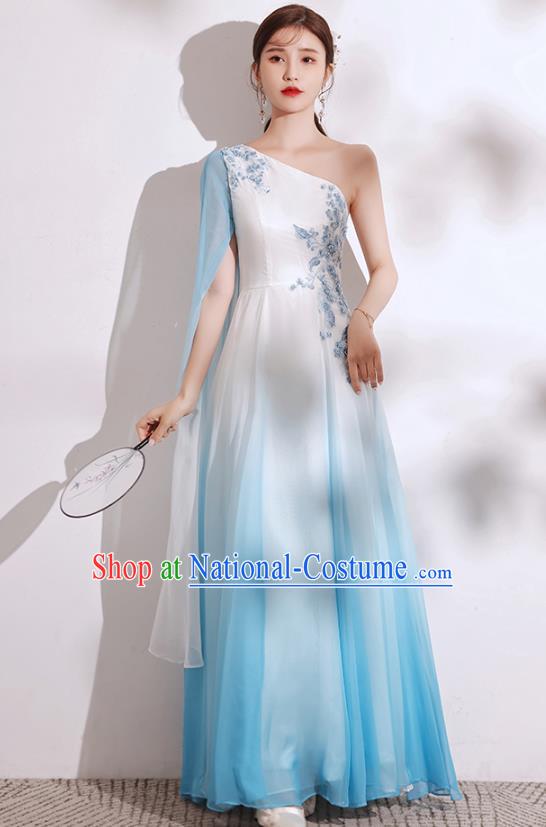 China Stage Performance Blue Dress Chorus Group Costumes Annual Meeting Compere Clothing