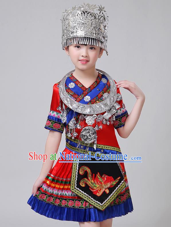 Chinese Yi Nationality Girl Festival Costumes Tujia Ethnic Stage Performance Red Short Dress Outfits