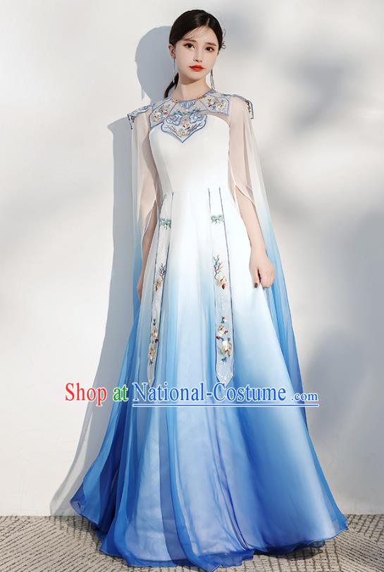 China Annual Meeting Catwalks Clothing Stage Show Embroidered Royalblue Full Dress Zither Performance Costume