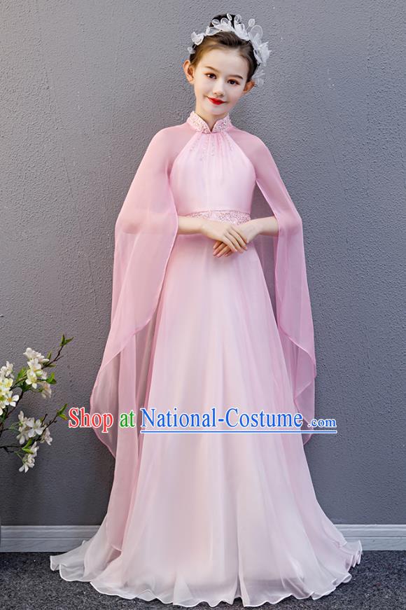 Top Grade Girl Chorus Group Fashion Catwalks Pink Cape Full Dress Children Day Stage Performance Costume