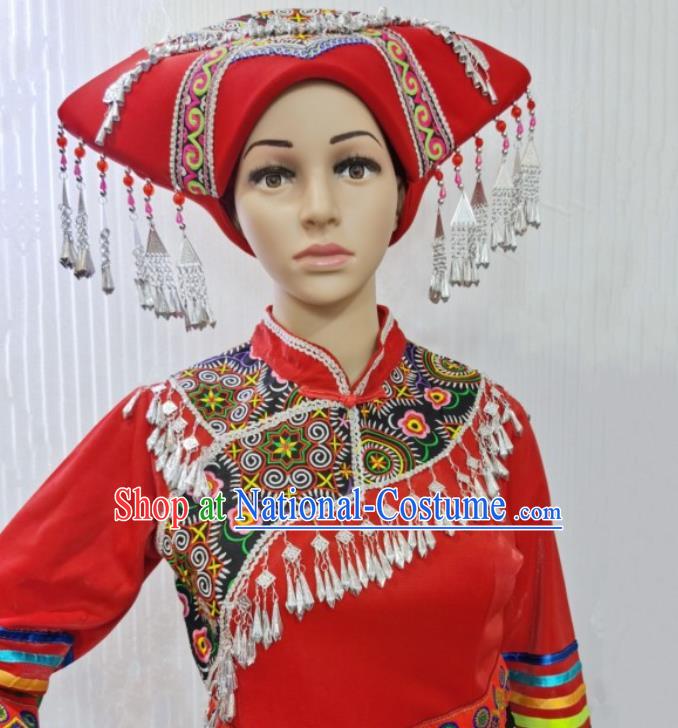 China Zhuang Nationality Wedding Costumes Ethnic Folk Dance Clothing Stage Performance Red Dress and Hat