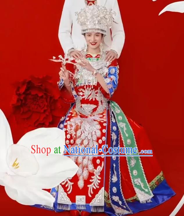 China Miao Nationality Wedding Costumes Hmong Ethnic Stage Performance Clothing Bride Red Dress and Headwear