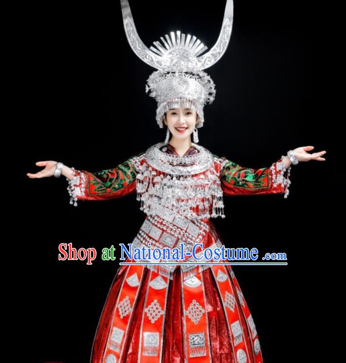 China Hmong Ethnic Bride Red Dress Stage Performance Clothing Miao Nationality Wedding Costumes and Hair Jewelry