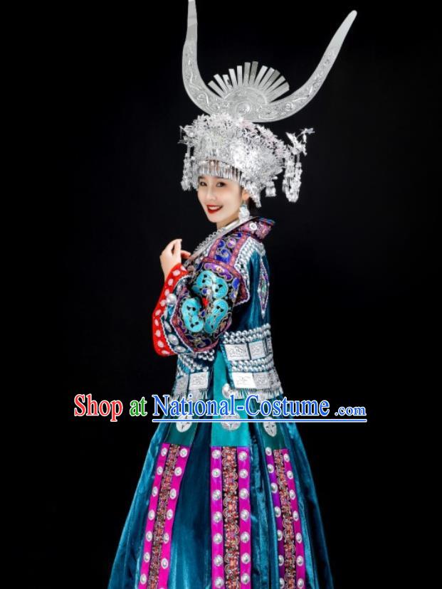 China Miao Nationality Folk Dance Costumes Guizhou Ethnic Blue Dress Stage Performance Clothing and Headdress