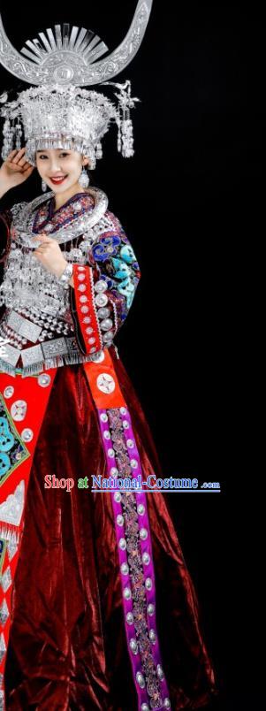 China Miao Nationality Stage Performance Clothing Folk Dance Costumes Xiangxi Ethnic Red Dress and Headdress