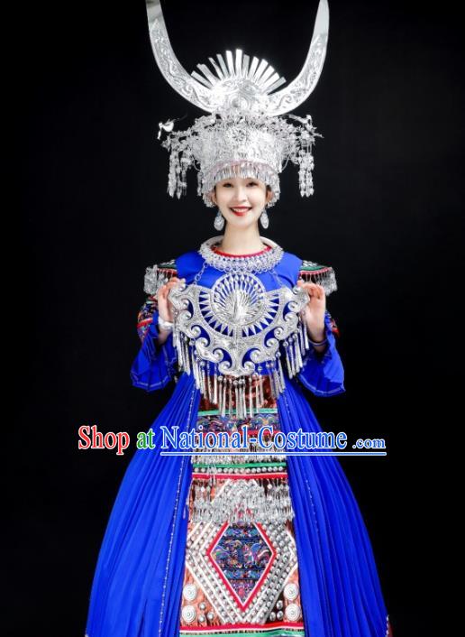 China Xiangxi Ethnic Royalblue Dress Miao Nationality Stage Performance Clothing Hmong Folk Dance Costumes and Headwear