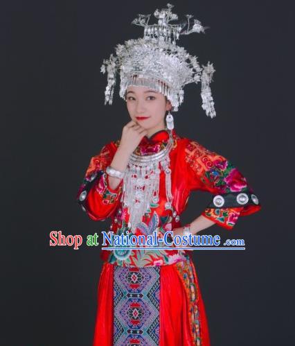 China Xiangxi Minority Folk Dance Costumes Tujia Ethnic Wedding Dress Miao Nationality Bride Clothing and Headwear