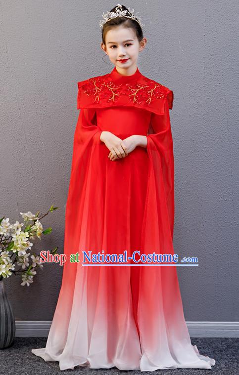 Top Grade Children Day Stage Show Costume Girl Chorus Group Fashion Catwalks Red Full Dress