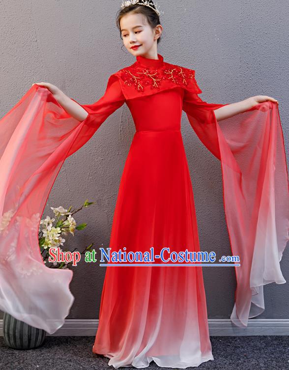 Top Grade Children Day Stage Show Costume Girl Chorus Group Fashion Catwalks Red Full Dress