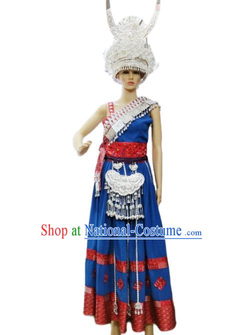 China Hmong Ethnic Folk Dance Blue Dress Miao Nationality Clothing Guizhou Minority Performance Costumes and Silver Hat