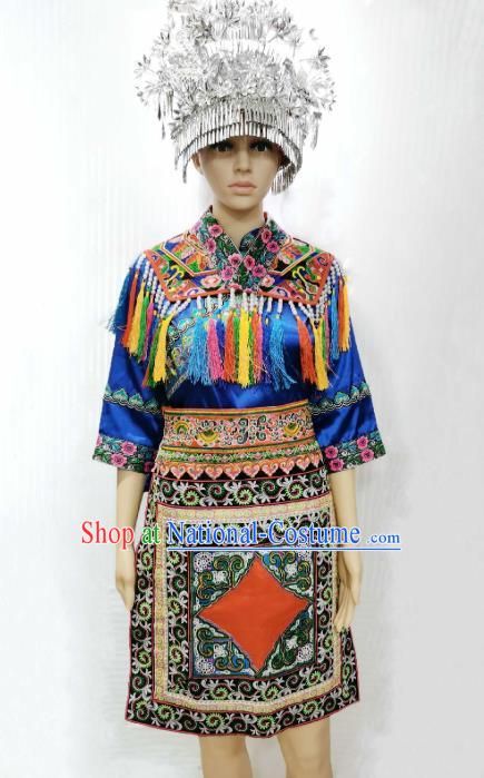 China Guizhou Minority Costumes Guangxi Ethnic Folk Dance Blue Dress Dong Nationality Clothing and Headwear