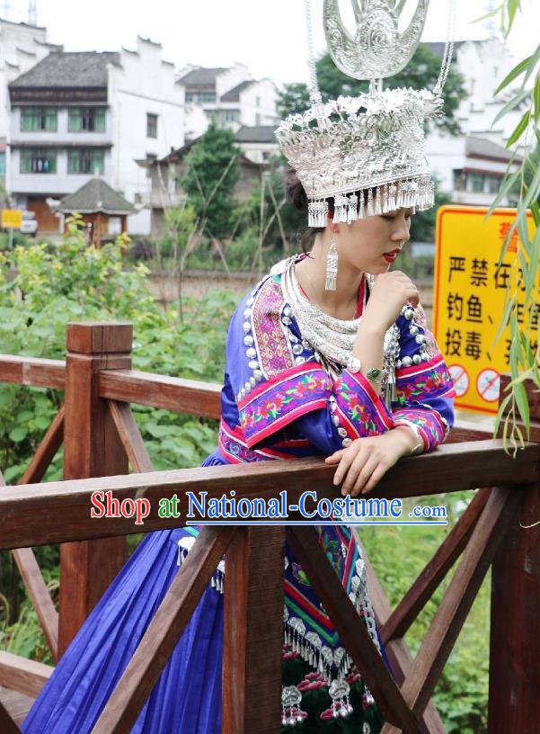 China Hmong Ethnic Stage Performance Blue Dress Miao Nationality Clothing Xiangxi Minority Dance Outfits and Headdress