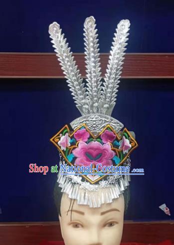 Chinese Hmong Ethnic Folk Dance Hair Accessories Traditional Miao Nationality Performance Silver Hair Crown