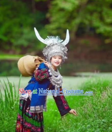 China Miao Nationality Country Woman Clothing Xiangxi Minority Blue Outfits Ethnic Folk Dance Dress and Headwear