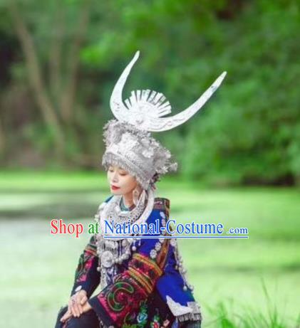 China Miao Nationality Country Woman Clothing Xiangxi Minority Blue Outfits Ethnic Folk Dance Dress and Headwear