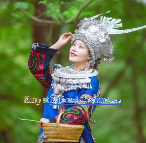 China Miao Nationality Country Woman Clothing Xiangxi Minority Blue Outfits Ethnic Folk Dance Dress and Headwear