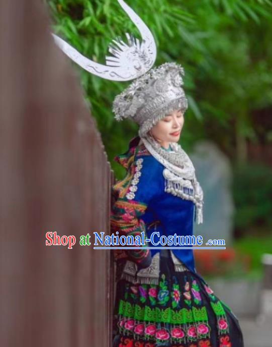 China Miao Nationality Country Woman Clothing Xiangxi Minority Blue Outfits Ethnic Folk Dance Dress and Headwear