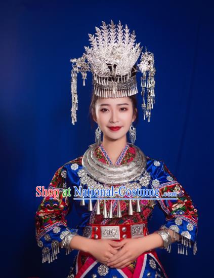 China Ethnic Folk Dance Dress Miao Nationality Wedding Clothing Xiangxi Hmong Minority Blue Outfits and Hair Accessories