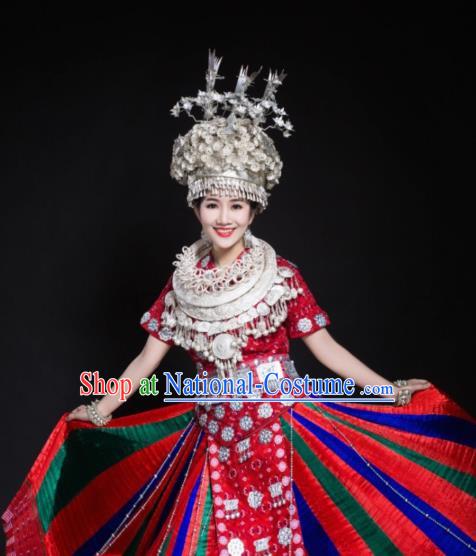 China Xiangxi Hmong Minority Bride Red Outfits Ethnic Folk Dance Dress Miao Nationality Wedding Clothing and Headdress