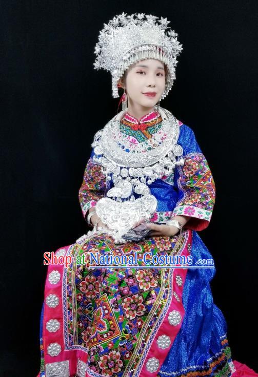 China Miao Nationality Wedding Clothing Xiangxi Hmong Minority Holiday Blue Outfits Ethnic Performance Dress and Headdress