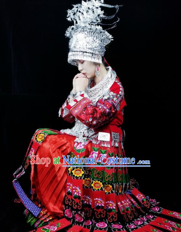 China Hmong Ethnic Bride Dress Miao Nationality Wedding Clothing Guizhou Minority Festival Red Outfits and Headpieces