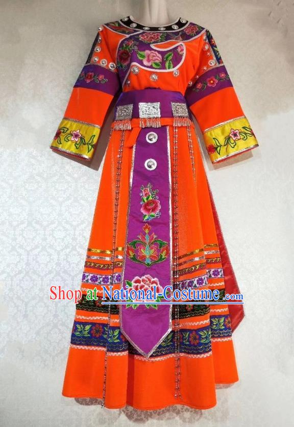 China Tujia Ethnic Folk Dance Orange Dress Miao Nationality Woman Clothing Guizhou Minority Stage Performance Outfits