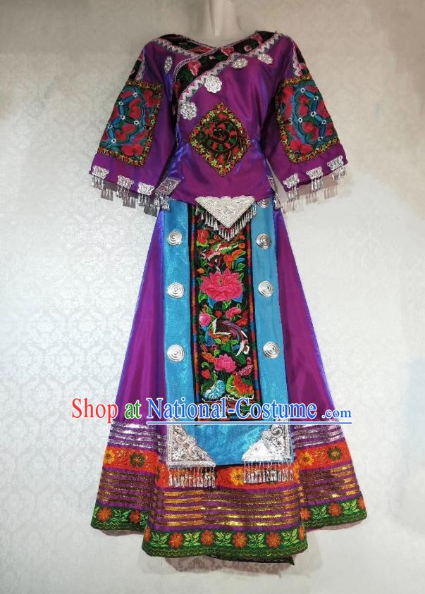 China Guizhou Minority Stage Performance Outfits Tujia Ethnic Folk Dance Purple Dress Miao Nationality Woman Clothing