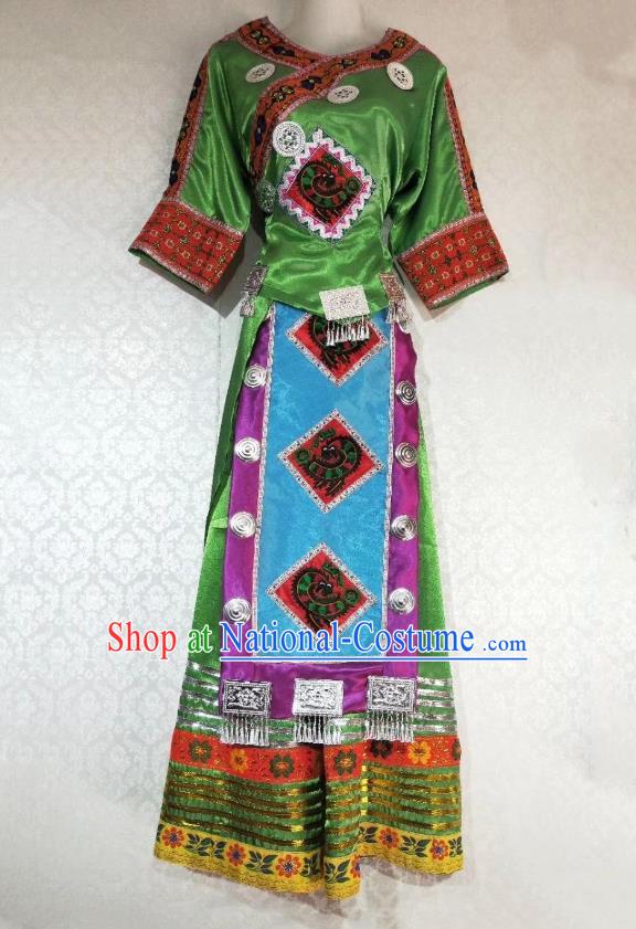 China Ethnic Folk Dance Green Dress Miao Nationality Clothing Guizhou Tujia Minority Woman Outfits