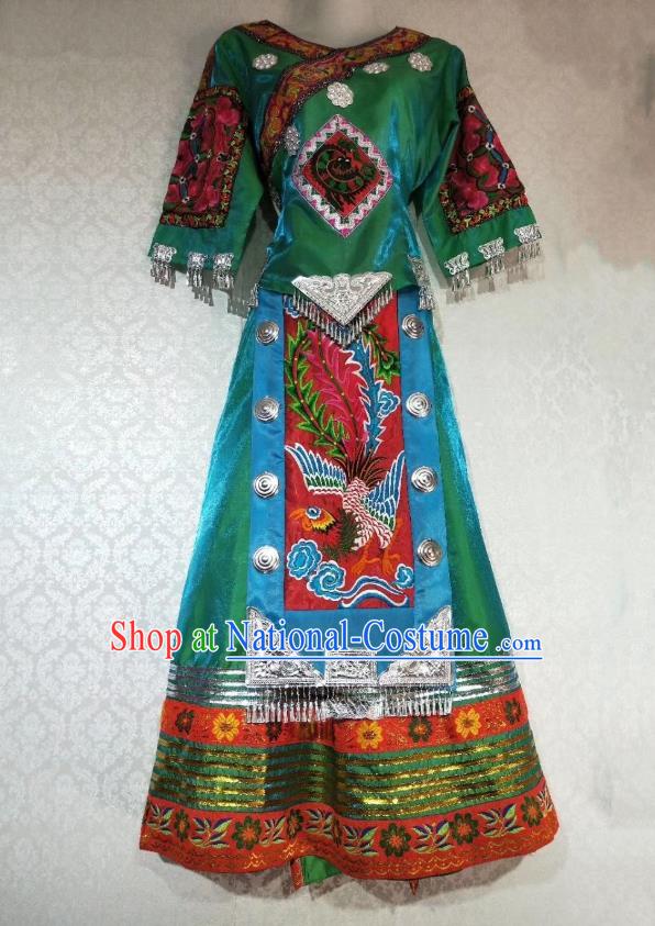 China Guizhou Tujia Minority Woman Green Outfits Ethnic Folk Dance Dress Miao Nationality Performance Clothing