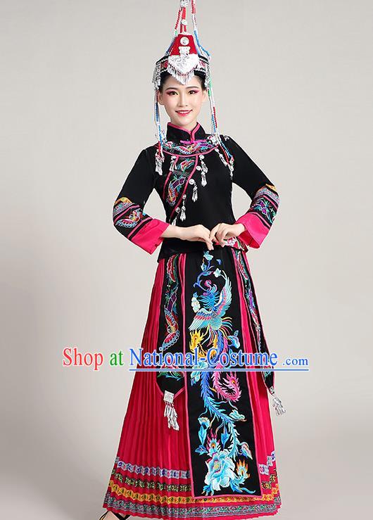 China Yao Nationality Clothing She Minority Folk Dance Outfits Ethnic Stage Performance Rosy Dress and Hat