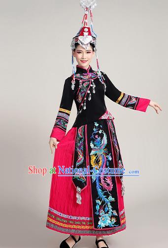 China Yao Nationality Clothing She Minority Folk Dance Outfits Ethnic Stage Performance Rosy Dress and Hat