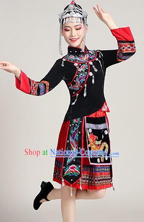 China Ethnic Stage Performance Red Short Dress Yao Nationality Clothing She Minority Folk Dance Outfits and Hair Accessories